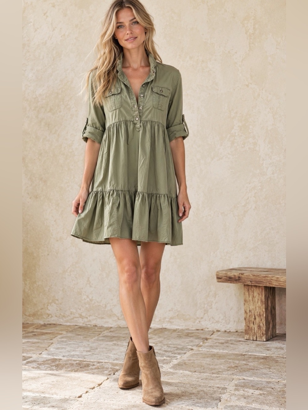 American Rag Olive Green Tiered Mini Dress